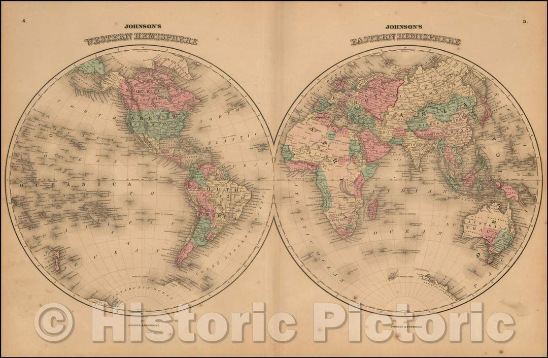 Historic Map - Johnson's Western Hemisphere & Johnson's Eastern Hemisphere, 1855, Alvin Jewett Johnson v2