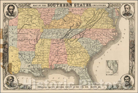 Historic Map - Map of the Southern States, Including Rail Roads, County Towns, State Capitals, County Roads, The Southern Coast From Delaware To Texas, 1863 v2