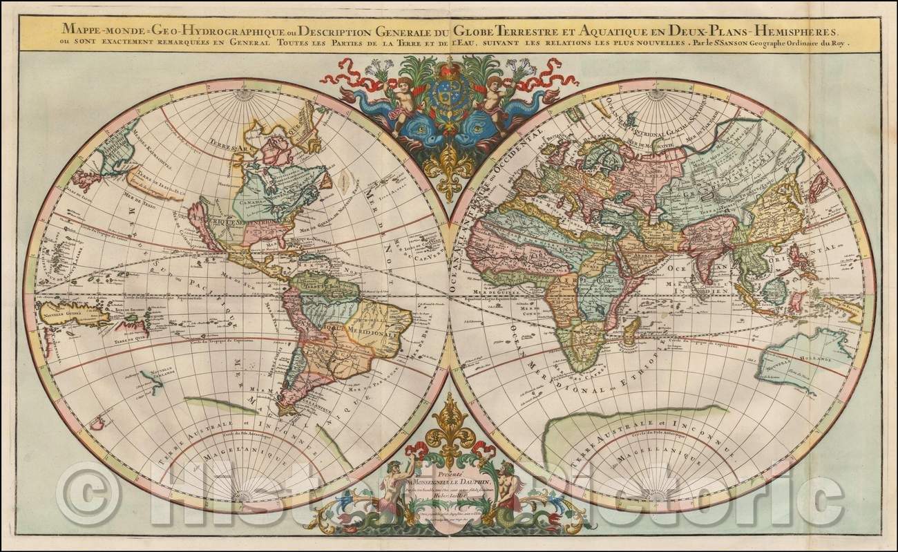 Historic Map - Mappe-Monde Geo-Hydrographique, Plans-Hemispheres/Geo-Hydrographic World Map, Aquatic Globe in Two Hemispheres, 1691 v5