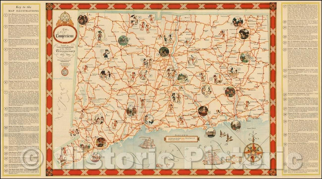 Historic Map - Map of Connecticut Issued in Commemoration of the States Tercentenary 1635-1935, 1935, John Held - Vintage Wall Art