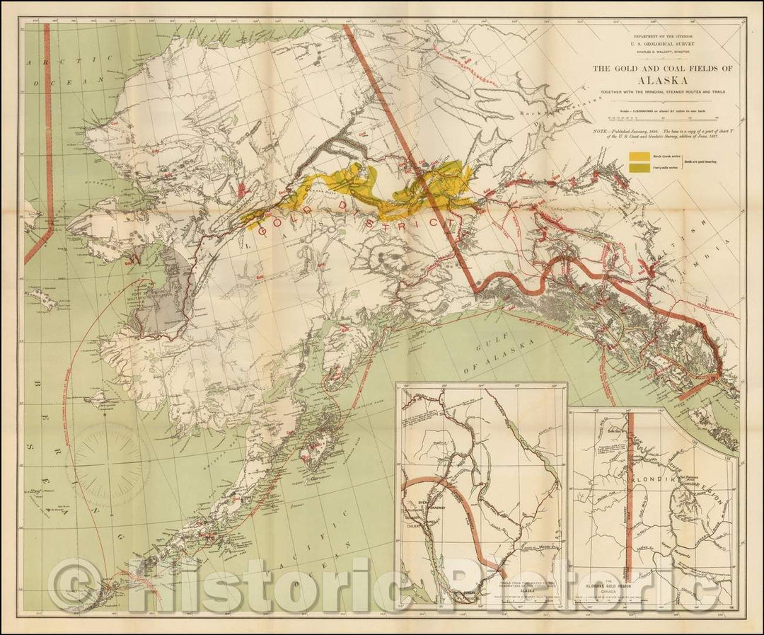 Historic Map - The Gold and Coal Fields of Alaska Together with the Principal Steamer Routes and Trails, 1898, U.S. Geological Survey - Vintage Wall Art