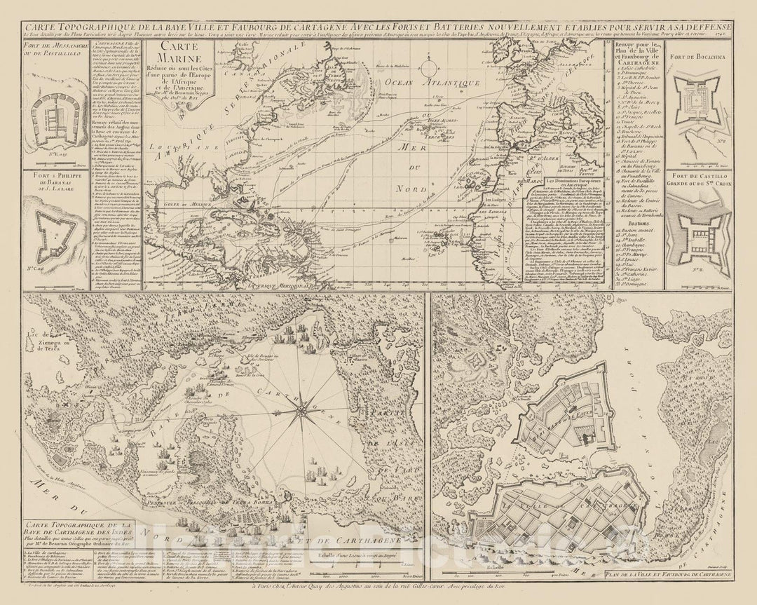 Historic Map - Carte Topographique de la Baye Ville et Faubourg de Cartagene Avec/Battle Plans showing the battle of Cartagena, Colombia, 1741 - Vintage Wall Art