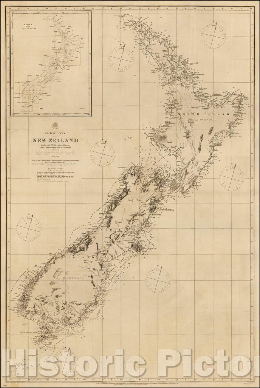 Historic Map - New Zealand from Surveys in H.M. Ships Acheron & Pandora, 1862, British Admiralty - Vintage Wall Art