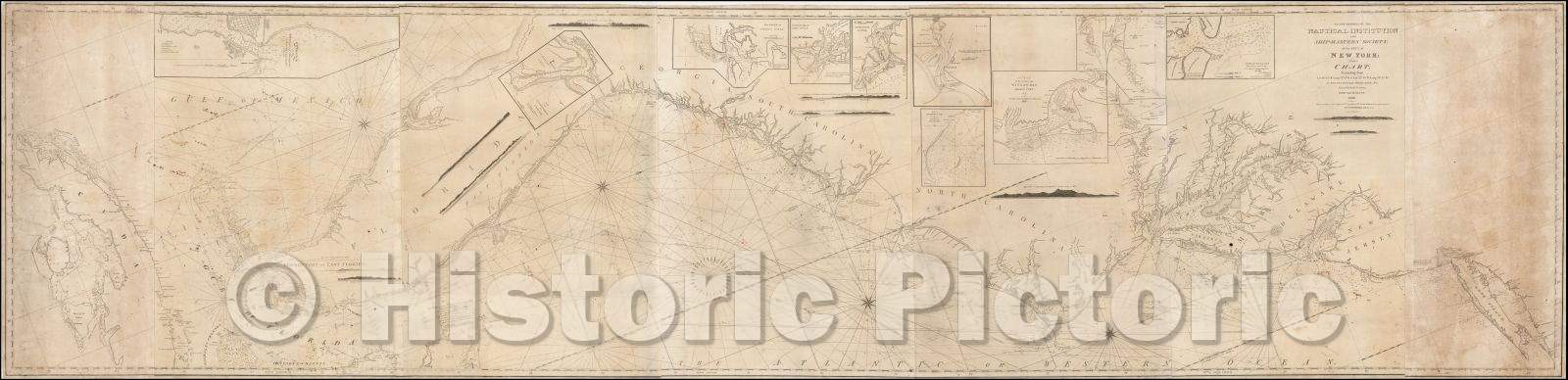 Historic Map - sea chart of the East Coast of North America, from Long Island to Cuba, first issued in 1820, Ship-Masters' Society Of The City Of New York, 1826 - Vintage Wall Art