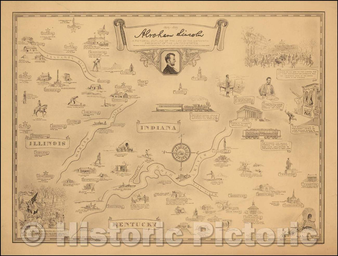 Historic Map - Abraham Lincoln A Pictorial Outline of the Life of the Sixteenth President of the United States, 1934, Karl Smith - Vintage Wall Art