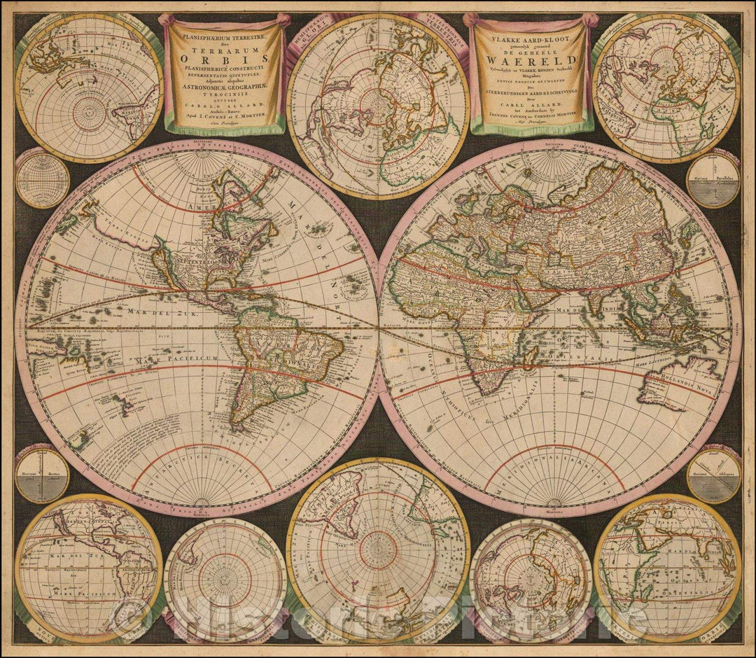 Historic Map - Planisphaerium Terrestre Sive Terrarum Orbis Planisphaerice/Covens & Mortier edition of Carol Allard's influential Map of the world, 1730 - Vintage Wall Art