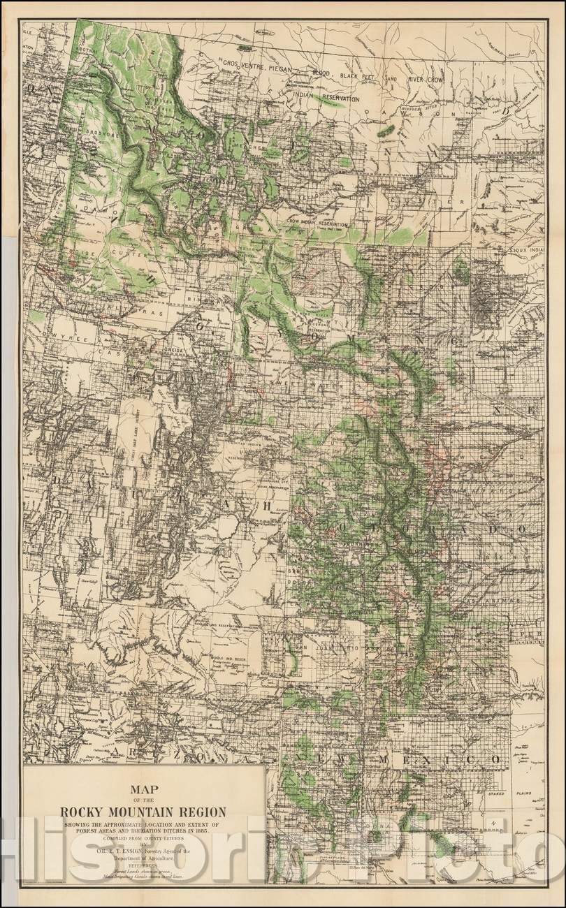 Historic Map - Map of the Rocky Mountain Region Showing The Approximate Location And Extent of Forest Areas And Irrigation Ditches In, 1885, Hoen & Co. v3