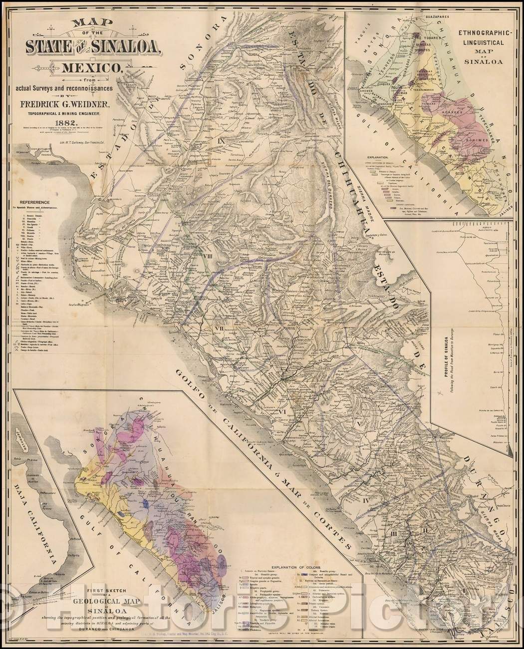 Historic Map - Map of the State of Sinaloa, Mexico, from actual Surveys and reconnoissances, 1882, Fredrick G. Weidner - Vintage Wall Art