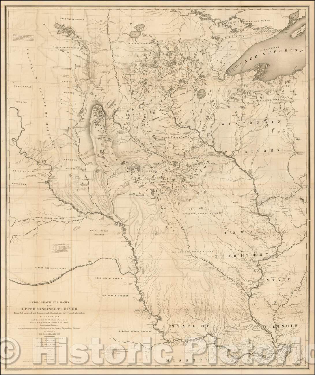 Historic Map - Hydrographical Basin of the Upper Mississippi River from Astronomical and Barometrical Observations Surveys, 1845, Joseph N. Nicollet - Vintage Wall Art