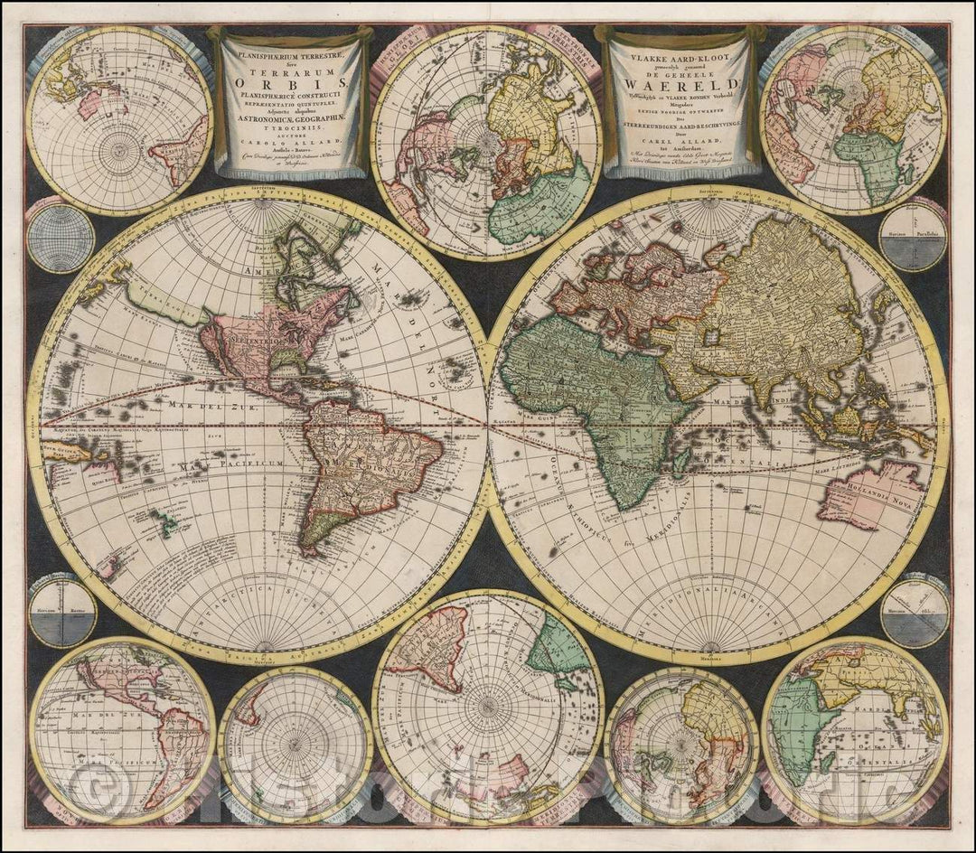 Historic Map - Planisphaerium Terrestre Sive Terrarum Orbis/Carol Allard's influential Map of the world, 1696, Carel Allard - Vintage Wall Art