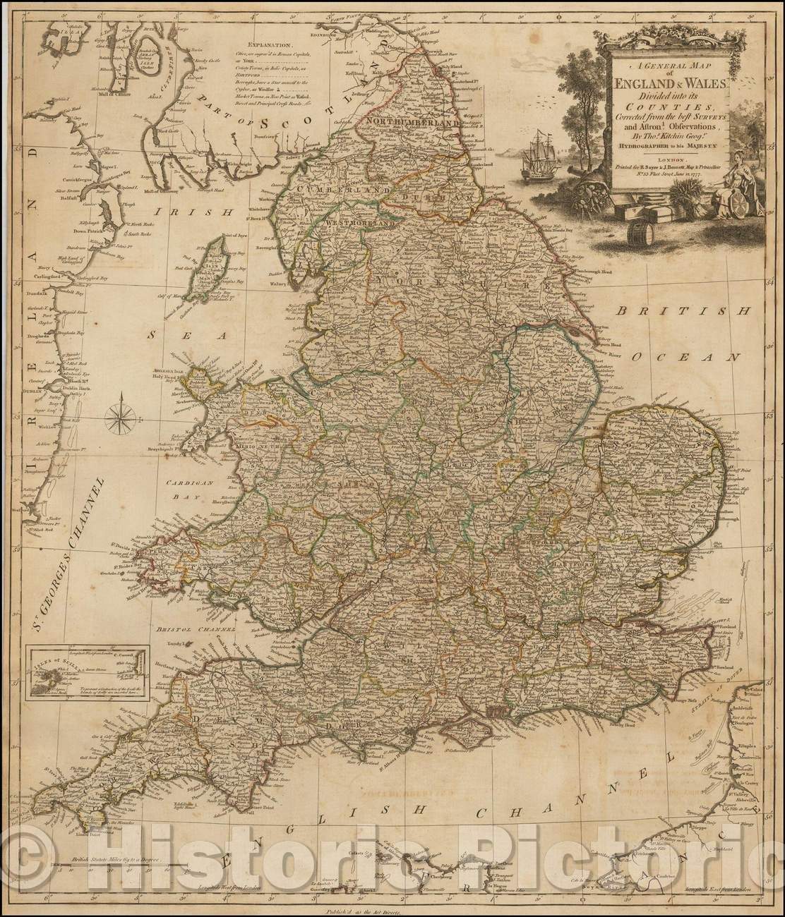 Historic Map - A General Map of England & Wales Divided into its Counties, Corrected from the best Surveys and Astronl Observations, 1777, Robert Sayer - Vintage Wall Art