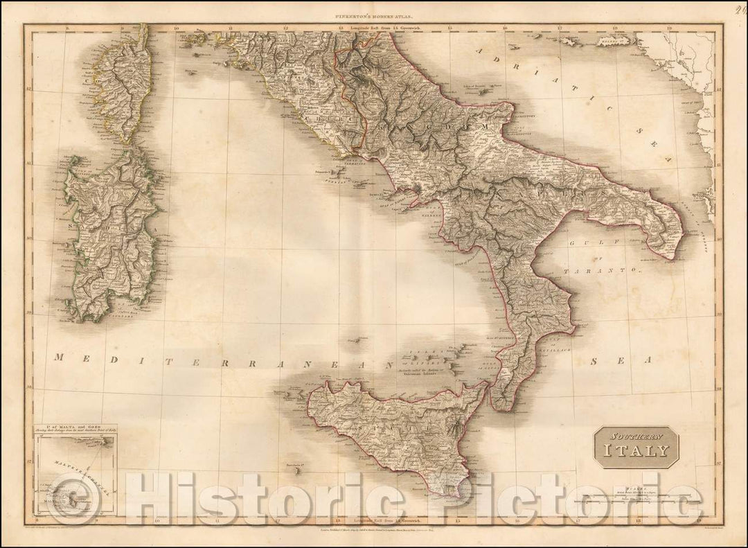 Historic Map - Southern Italy [with Sicily], 1815, John Pinkerton - Vintage Wall Art