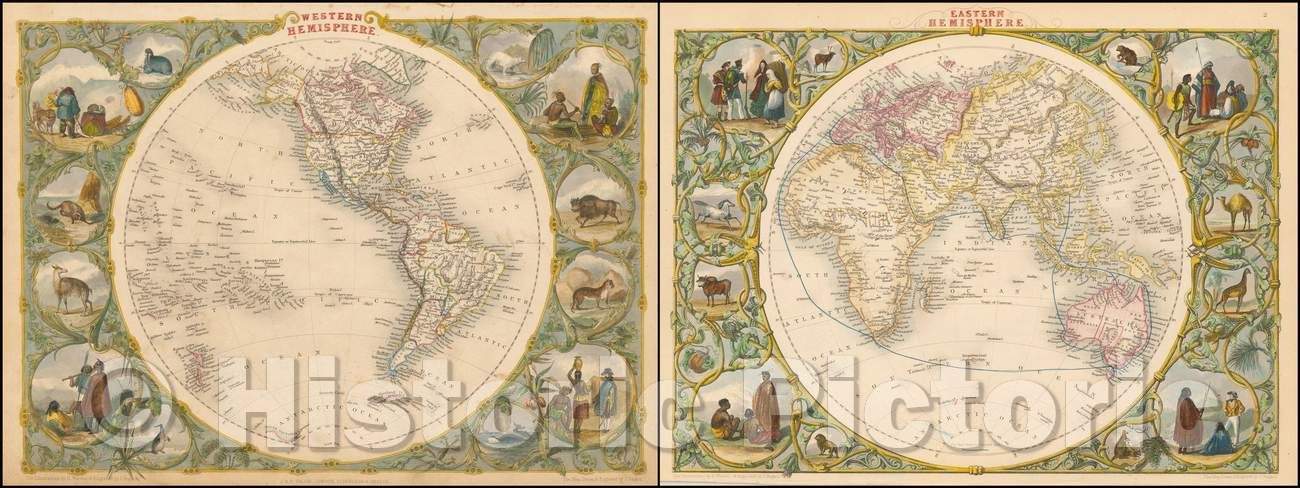 Historic Map - Western Hemisphere and Eastern Hemisphere, 1851, John Tallis v5