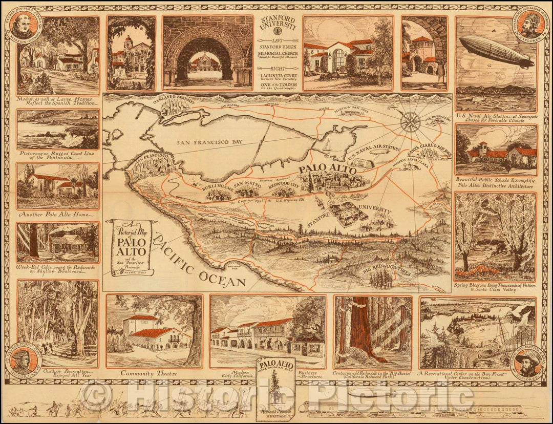 Historic Map - A Pictorial Map of Palo Alto and the San Francisco Peninsula, 1940, Arthur Lites - Vintage Wall Art