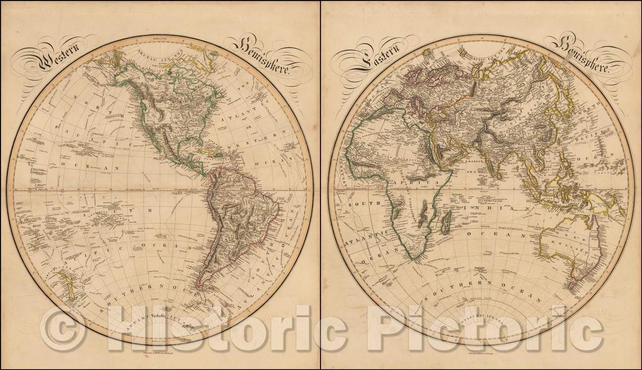 Historic Map - Western Hemisphere and Eastern Hemisphere, 1838, William Home Lizars - Vintage Wall Art