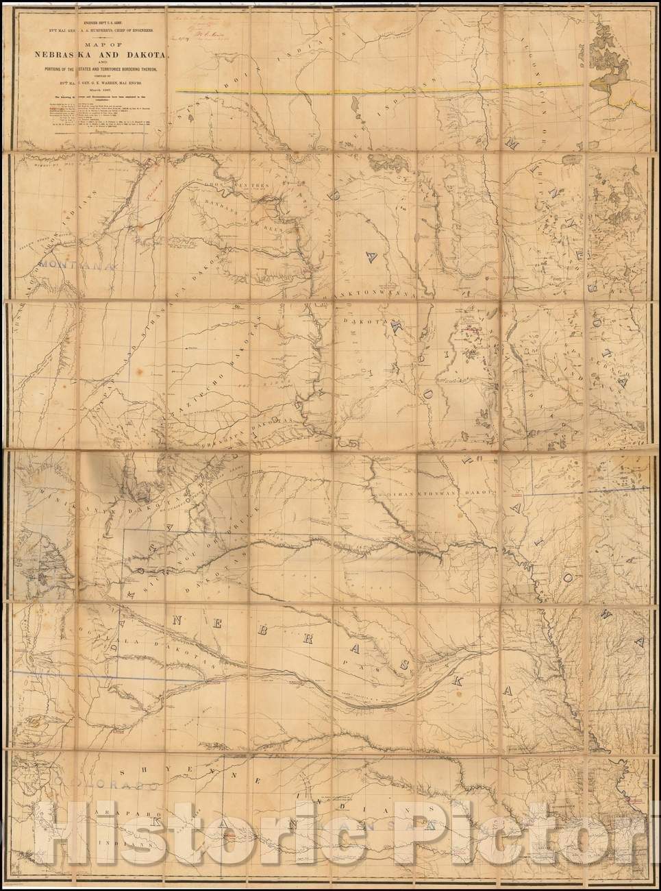 Historic Map - Map of Nebraska and Dakota, and Portions of the States and Territories, 1867, G.K. Warren - Vintage Wall Art