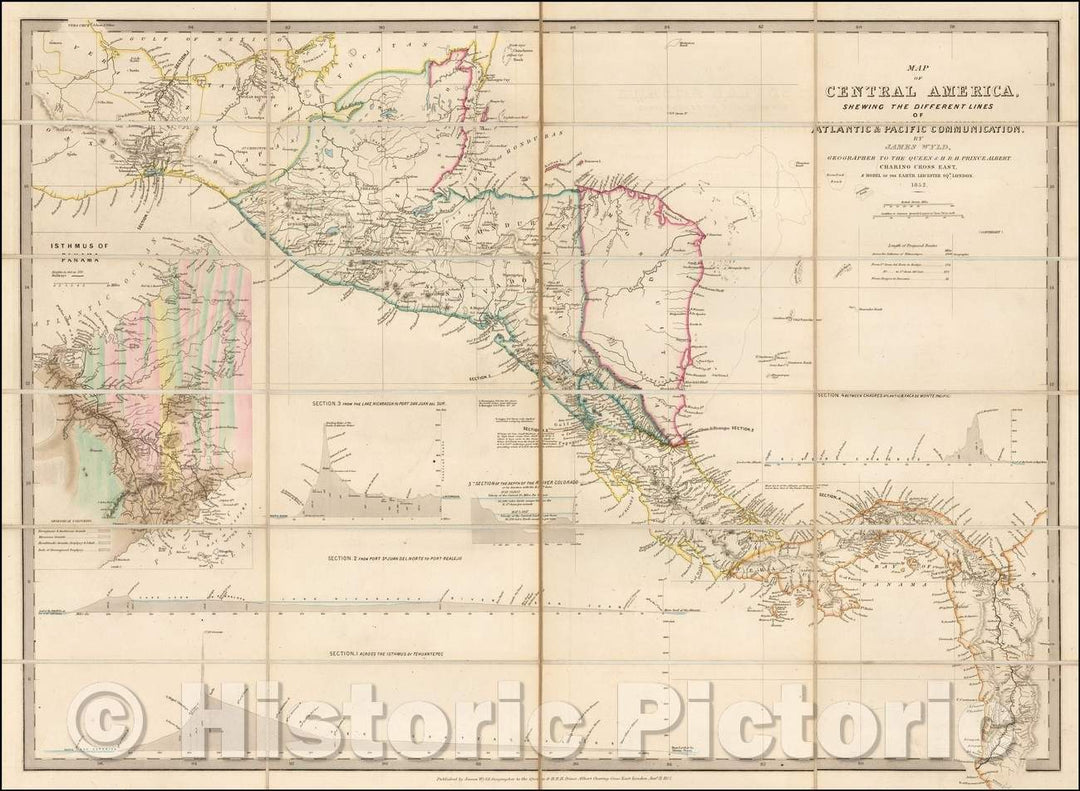 Historic Map - Map of Central America Shewing The Different Lines of Atlantic & Pacific Communication, 1862, James Wyld v2