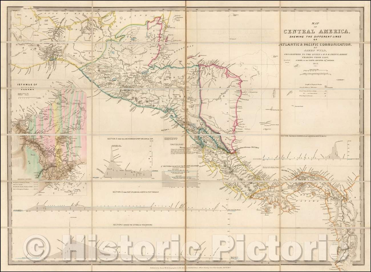 Historic Map - Map of Central America Shewing The Different Lines of Atlantic & Pacific Communication, 1862, James Wyld v2