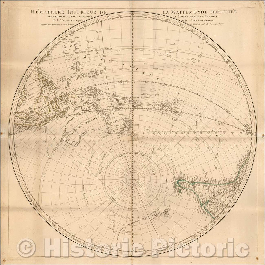 Historic Map - Hemisphere inferieur de la Mappemonde projettee sur l'horizon de Paris/Map of the South Pacific, New Zealand, 1774, Chrysologue Noel Andre - Vintage Wall Art