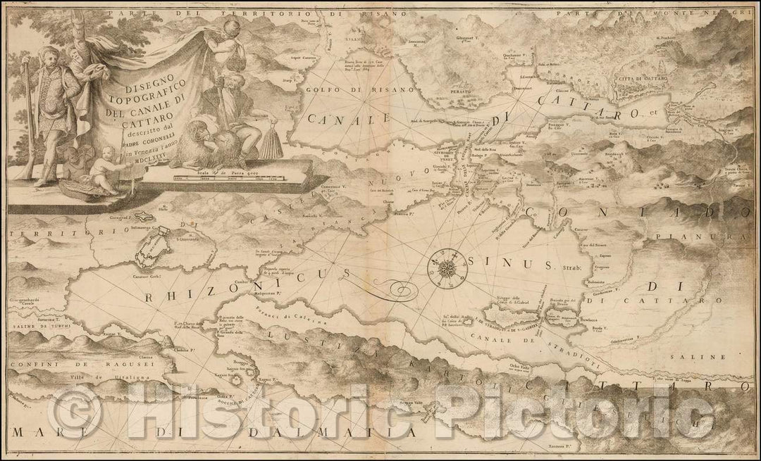 Historic Map - Disegno Topografico Del Canale Di Cattaro/Gulf of Venice and Sea of Dalmatia, Hercag-Novi Region of Serbia and Montenegro, 1685 - Vintage Wall Art