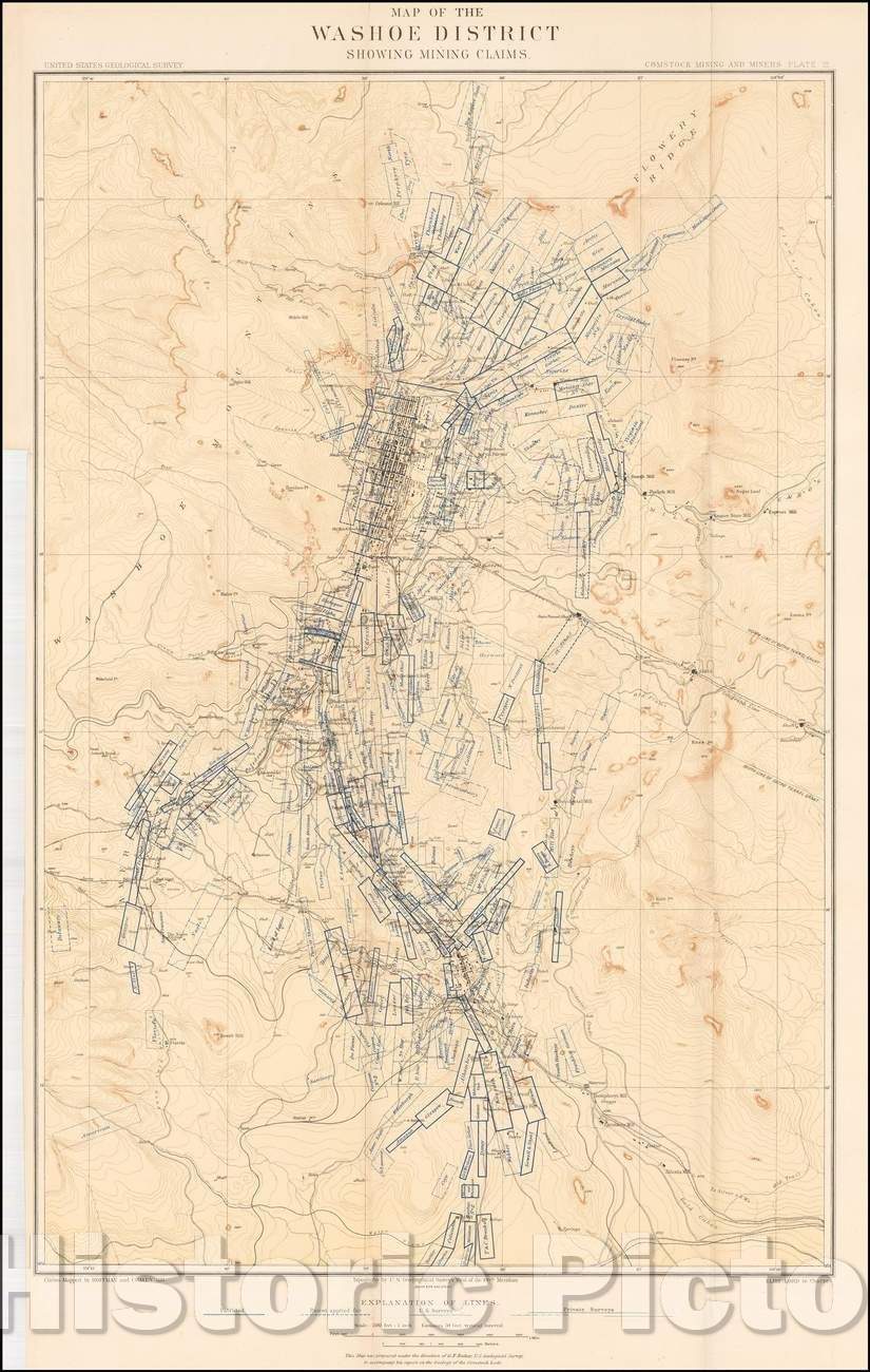 Historic Map - Map of the Washoe District Showing Mining Claims, 1881, U.S. Geological Survey - Vintage Wall Art