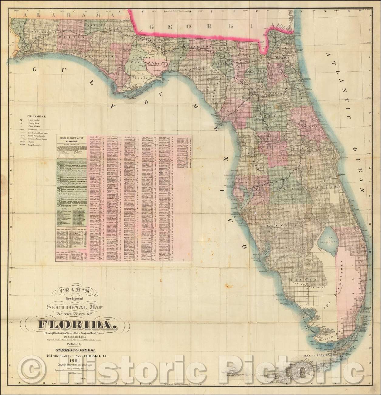 Historic Map - Cram's New Indexed Sectional of the State of Florida. Showing Private & Gov't Grants, Prairie, Sawgrass, Marsh, Swamp, and Hammock Lands, 1884 - Vintage Wall Art