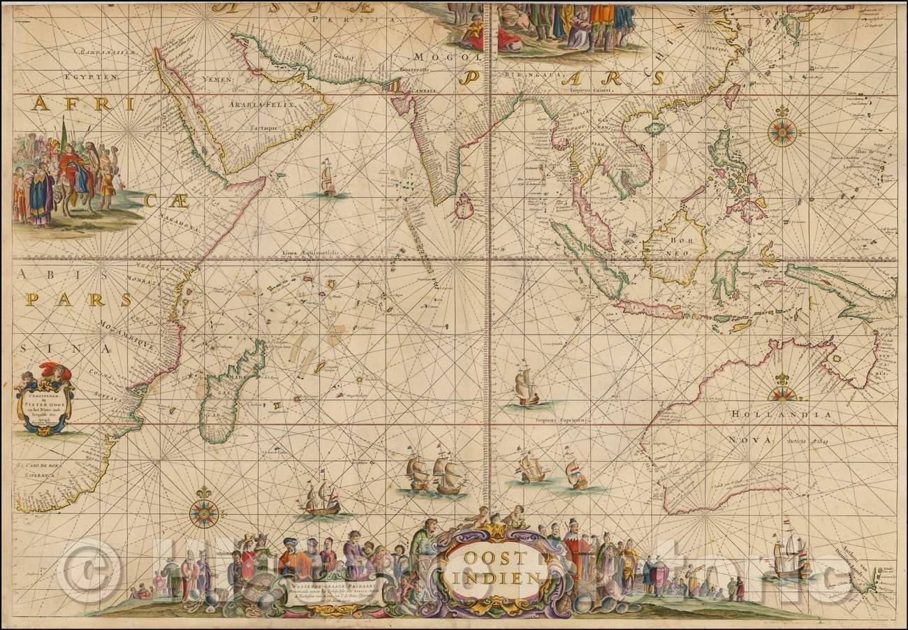 Historic Map - Oost Indien Wassende-Graade Paskaart, vertoonende nevens het Oosterlykste van Afrika, meede de Zeekusten van Asia, 1699 - Vintage Wall Art