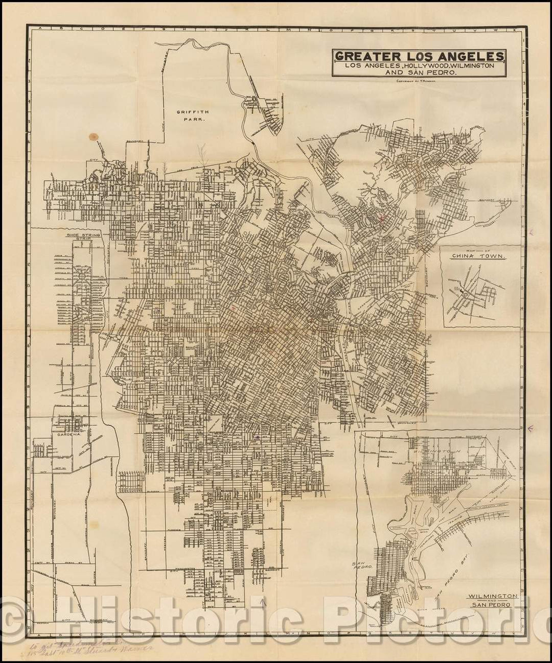 Historic Map - Greater Los Angeles - Los Angeles, Hollywood, Wilmington and San Pedro (with Chinatown inset!), 1905, T. Newman - Vintage Wall Art