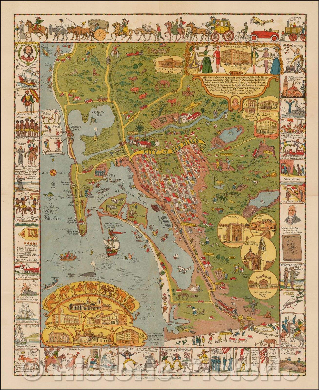 Historic Map - This limned Carte portraying with most exacting fidelity the History, Romance and Humour of the glorious City of San Diego, 1928, Jo Mora v5