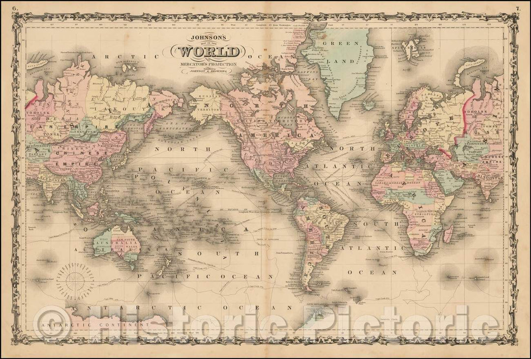 Historic Map - Johnson's Map of the World on Mercator's Projection, 1866, Alvin Jewett Johnson - Vintage Wall Art