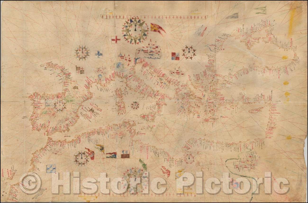 Historic Map - Manuscript Portolan Chart of the Mediterranean, 1559, Mateo Prunes - Vintage Wall Art