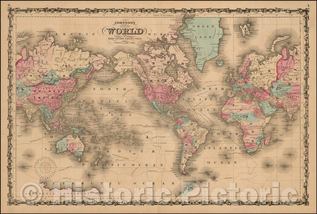 Historic Map - Johnson's Map of the World on Mercator's Projection, 1861, Alvin Jewett Johnson v2