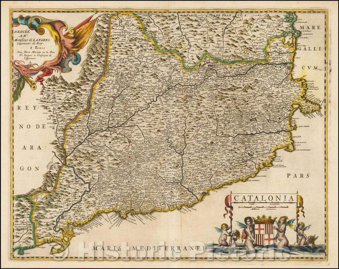 Historic Map - Catalonia, 1650, Pierre Mariette - Vintage Wall Art