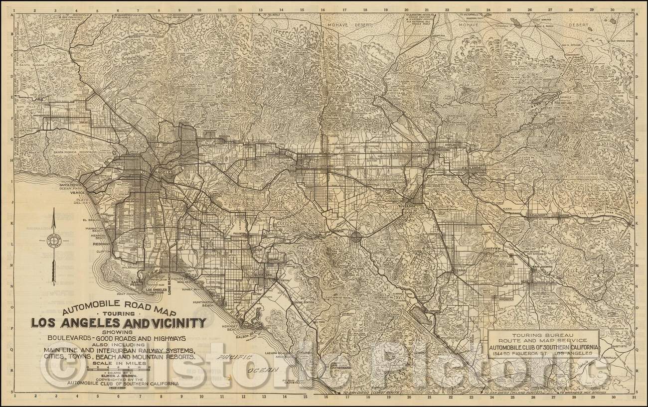 Historic Map - Automobile Road Touring Los Angeles and Vicinity Showing Boulevards - Good Roads and Highways also Main Line and Interurban Railway Systems, 1913 - Vintage Wall Art