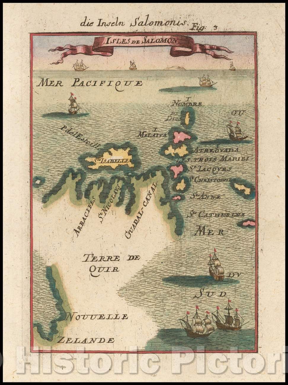 Historic Map - Isles de Salomon [Early depiction of New Zealand!], 1686, Alain Manesson Mallet - Vintage Wall Art