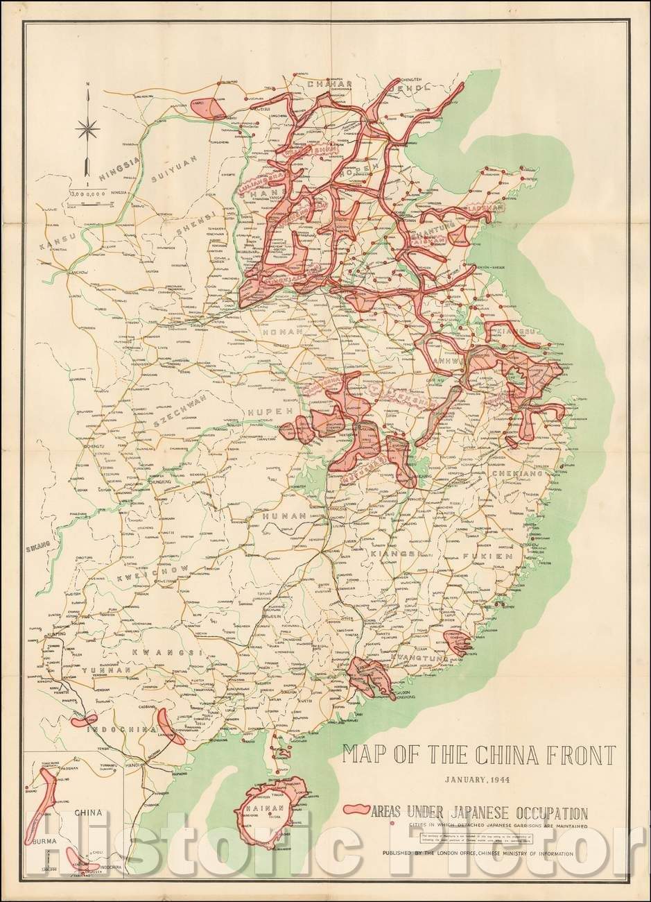 Historic Map - Map of the China Front January, Areas Under Japanese Occupation, 1944, Chinese Ministry of Information - Vintage Wall Art