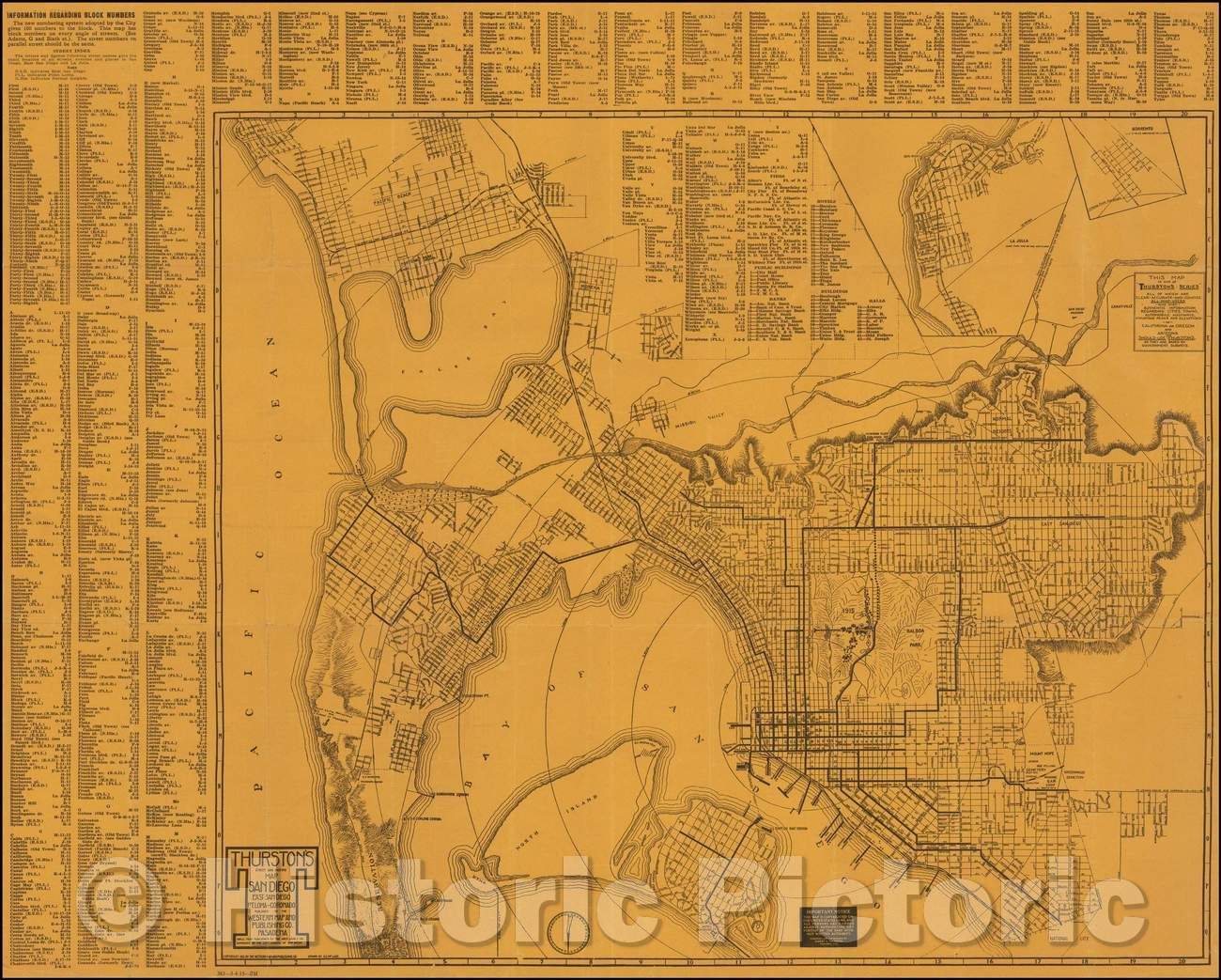 Historic Map - Thurston's Street and Indexed Map of San Diego East San Diego Pt. Loma - Coronado, 1915, Albert G. Thurston - Vintage Wall Art