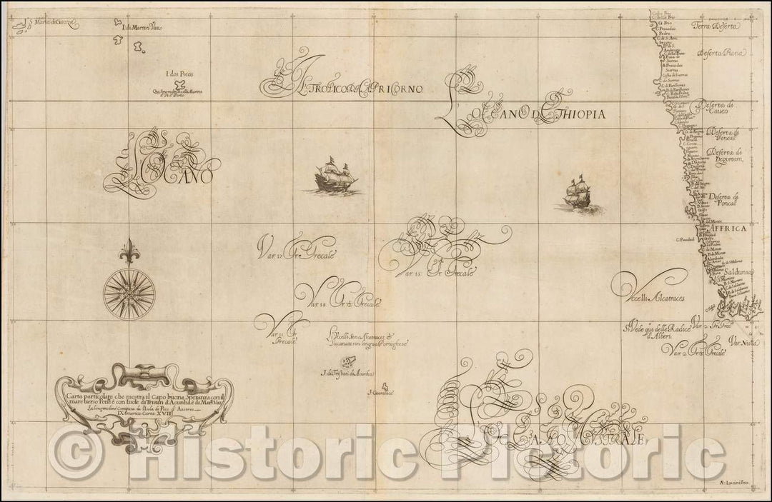 Historic Map - Carta particolare che mostra il Capo buona Speranza con il mare verso Ponte/Robert Dudley's Chart of the coast of southern Africa, 1646 - Vintage Wall Art