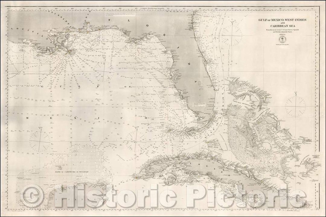 Historic Map - Gulf of Mexico, West Indies and Caribbean Sea - From the most recent U.S. Coast Survey, Spanish and British Admiralty Charts, 1869 - Vintage Wall Art