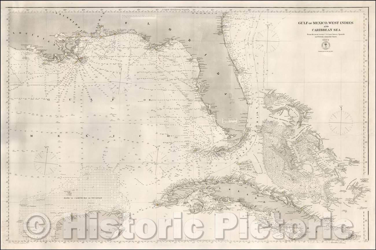 Historic Map - Gulf of Mexico, West Indies and Caribbean Sea - From the most recent U.S. Coast Survey, Spanish and British Admiralty Charts, 1869 - Vintage Wall Art