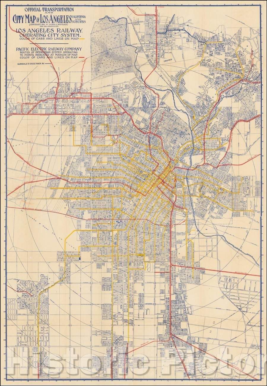 Historic Map - Official Transportation and City Map of Los Angeles California and Suburbs, 1911, Laura L. Whitlock - Vintage Wall Art