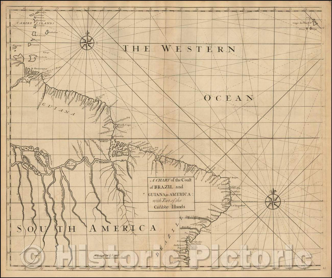 Historic Map - A Chart of the Coast of Brazil and Guiana, in America: with Part of the Caribbe Islands, 1728, John Senex - Vintage Wall Art