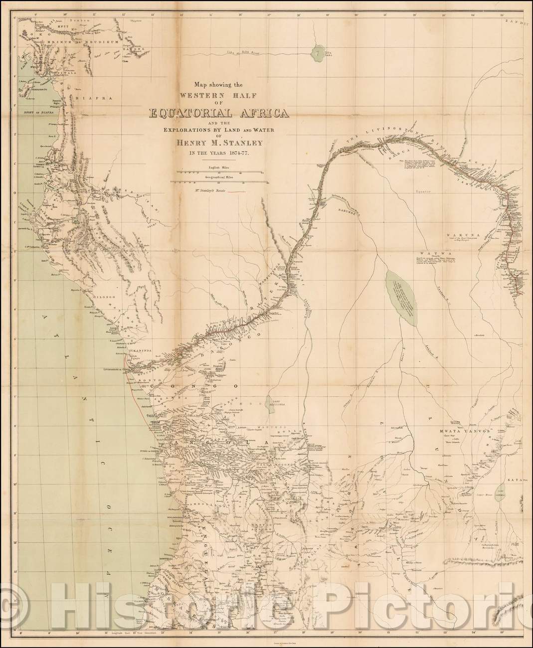 Historic Map - Map showing the Western Half of Equatorial Africa and the Explorations, 1878, Henry Stanley - Vintage Wall Art