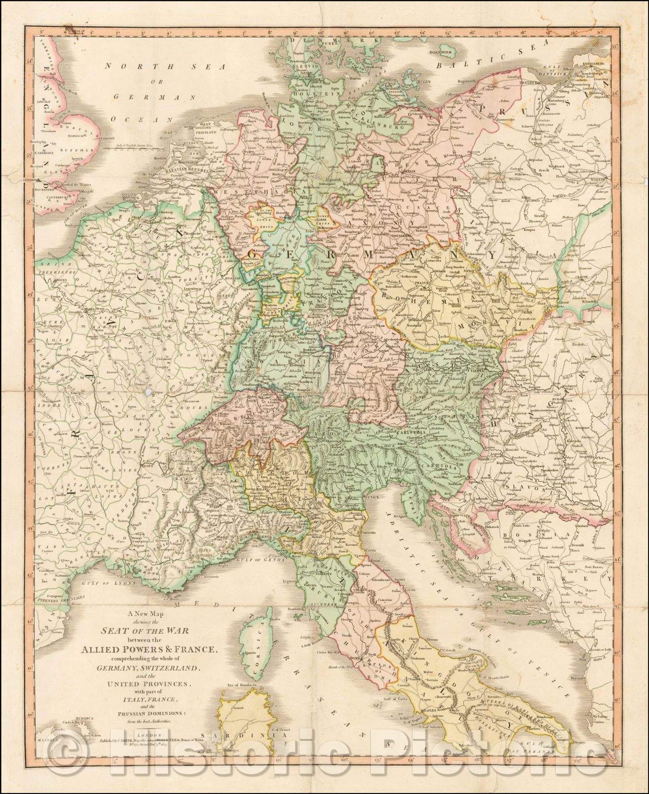 Historic Map - The Seat of the War between the Allied Powers & France, comprehending the whole of Germany, Switzerland, and the United Provinces, 1805 - Vintage Wall Art