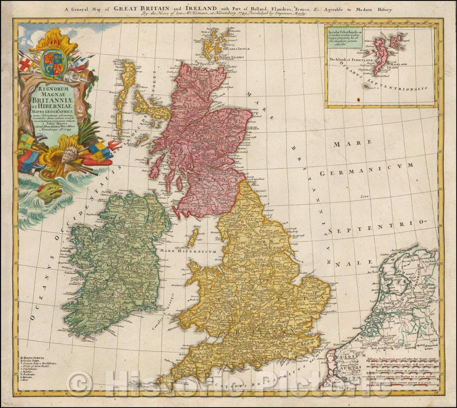 Historic Map - Regnorum Magnae Britanniae et Hiberniae Mappa Geographica/Kingdom of Great Britain and Ireland map Map. 1749, 1749, Homann Heirs - Vintage Wall Art