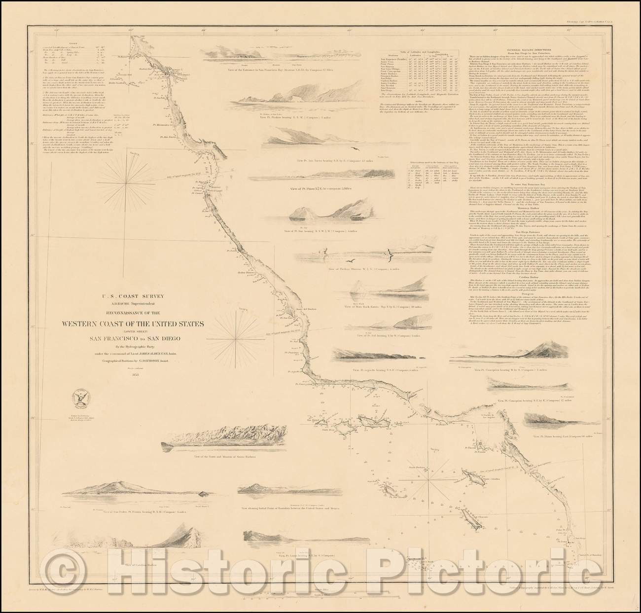 Historic Map - Reconnaissance of the Western Coast of the United States From San Francisco to San Diego, 1853, United States Coast Survey - Vintage Wall Art