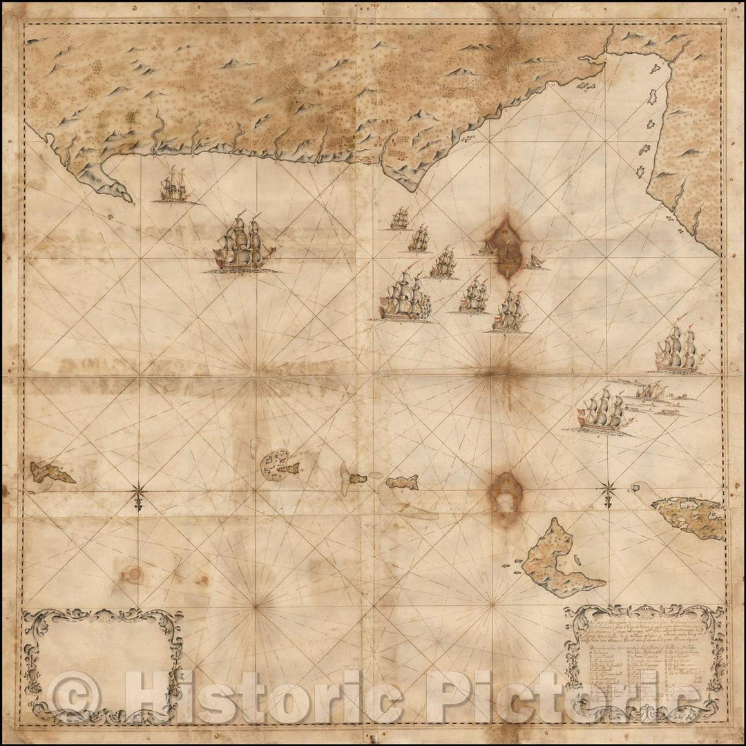 Historic Map - Plano y descripcion de un Segmento de la Costa de Caracas/Unique Manuscript Sea Chart Showing The Theater of Curacao-Venezuela, 1727 - Vintage Wall Art