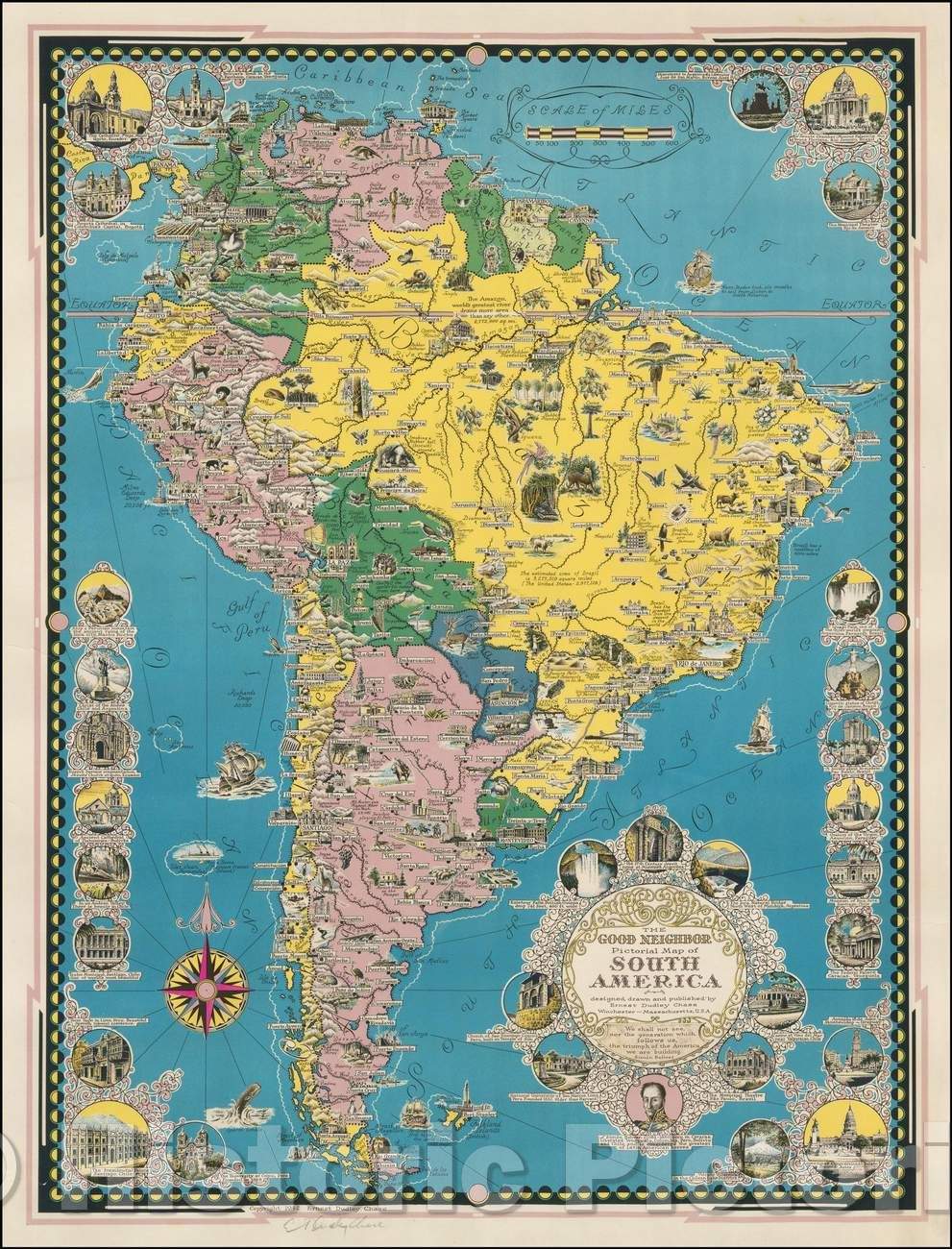 Historic Map - The Good Neighbor Pictorial Map of South America designed, 1942, Ernest Dudley Chase - Vintage Wall Art