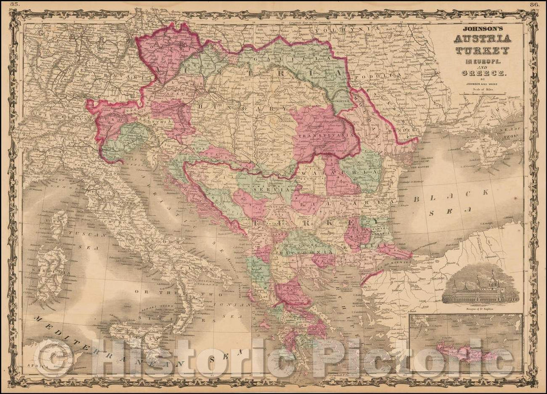 Historic Map - Johnson's Austria Turkey in Europe and Greece, 1866, Benjamin Ward - Vintage Wall Art