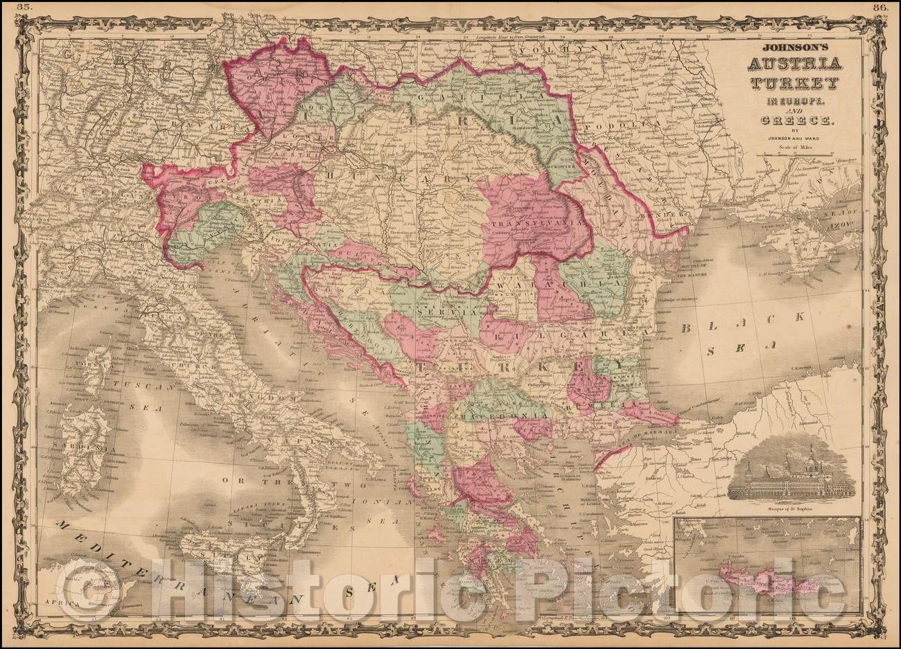 Historic Map - Johnson's Austria Turkey in Europe and Greece, 1866, Benjamin Ward - Vintage Wall Art